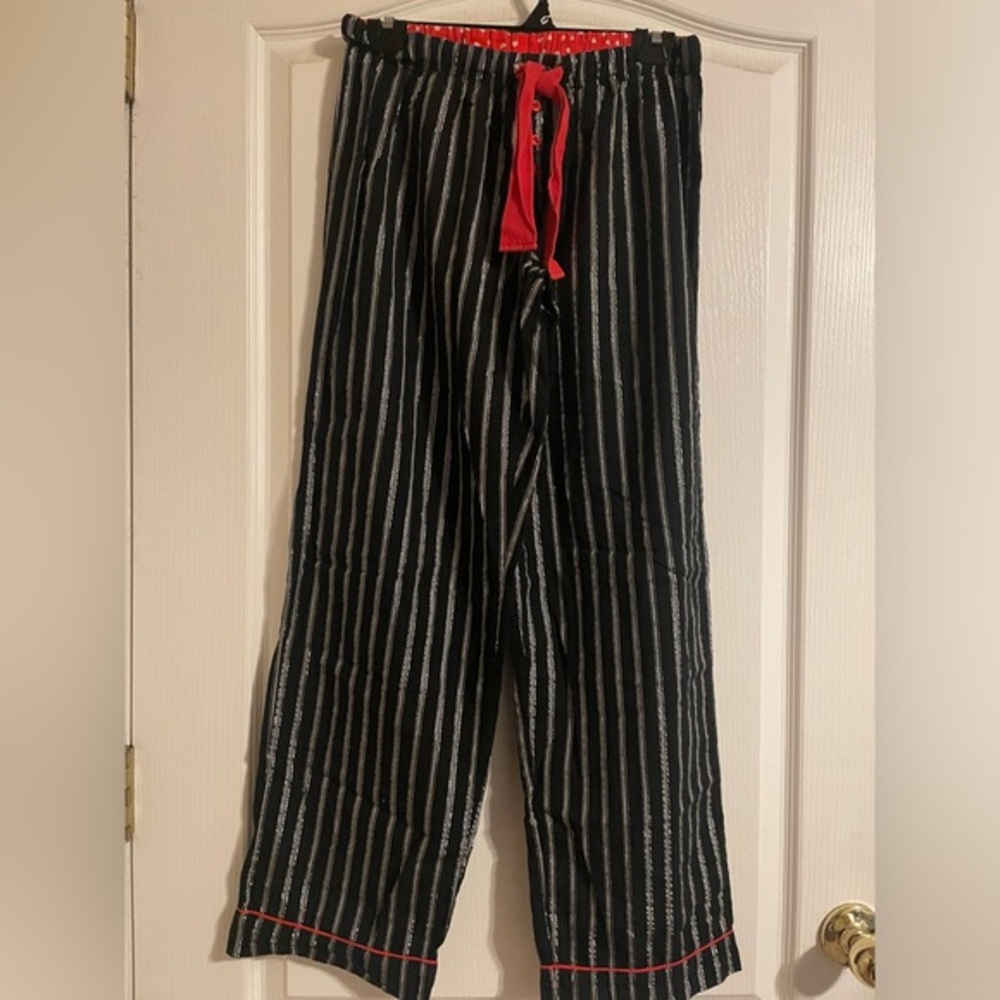 Blu Chic Lounge‎ Black Silver Striped Cotton Lounge Pants Red Tie Medium Sleep